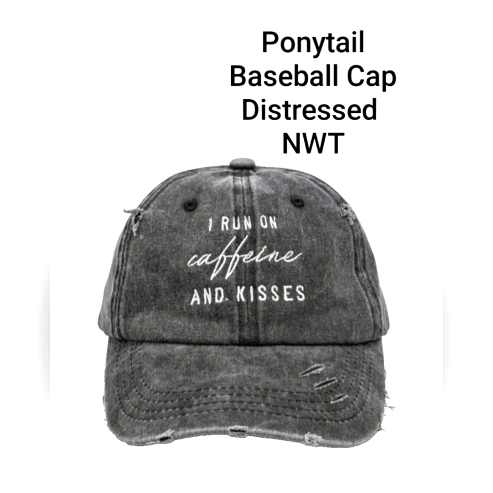 "I RUN ON Caffeine AND KISSES"Baseball Cap Letter Embroidered  Black Distressed